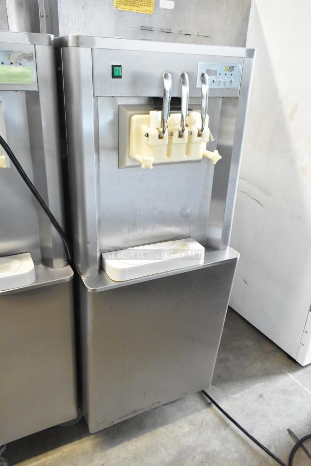 BQ333 stainless steel 2-flavor soft serve ice cream machine with twist feature. Commercial casters, 110 volts, 1 phase.