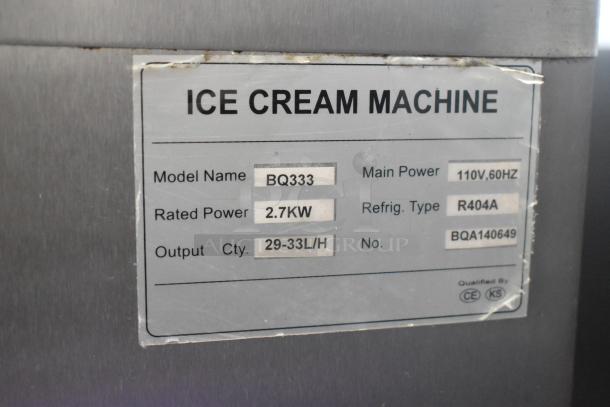 Stainless steel BQ333 soft serve ice cream machine, 2 flavor w/ twist, on casters. 110V, 2.7KW, output 29-33L/H. CE, KS certified.