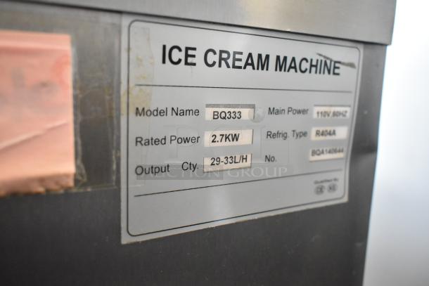 BQ333 Stainless Steel 2 Flavor Soft Serve Ice Cream Machine, 110V, 2.7KW, 29-33L/H output, on commercial casters.