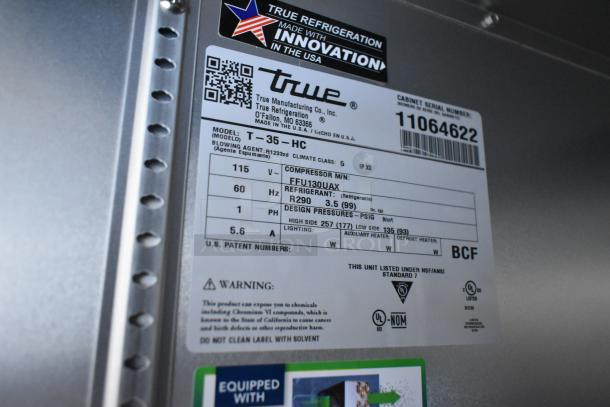 2025 True T-35-HC Stainless Steel Commercial 2-Door Cooler label, detailing model and specifications.