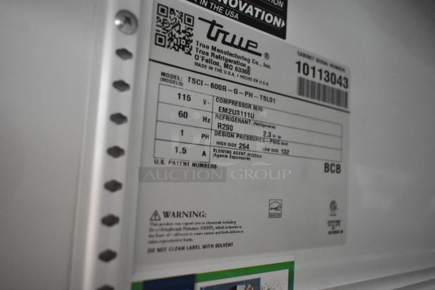 Label of True TSCI-600R-G-PH commercial cooler, detailing 115V, 1 phase, R290 refrigerant, and model specifics.