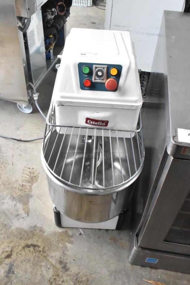 Estella 348SM30 Spiral Dough Mixer, 30 Quart, stainless steel bowl, bowl guard, dough hook, 120V, 1 Phase, controls visible.