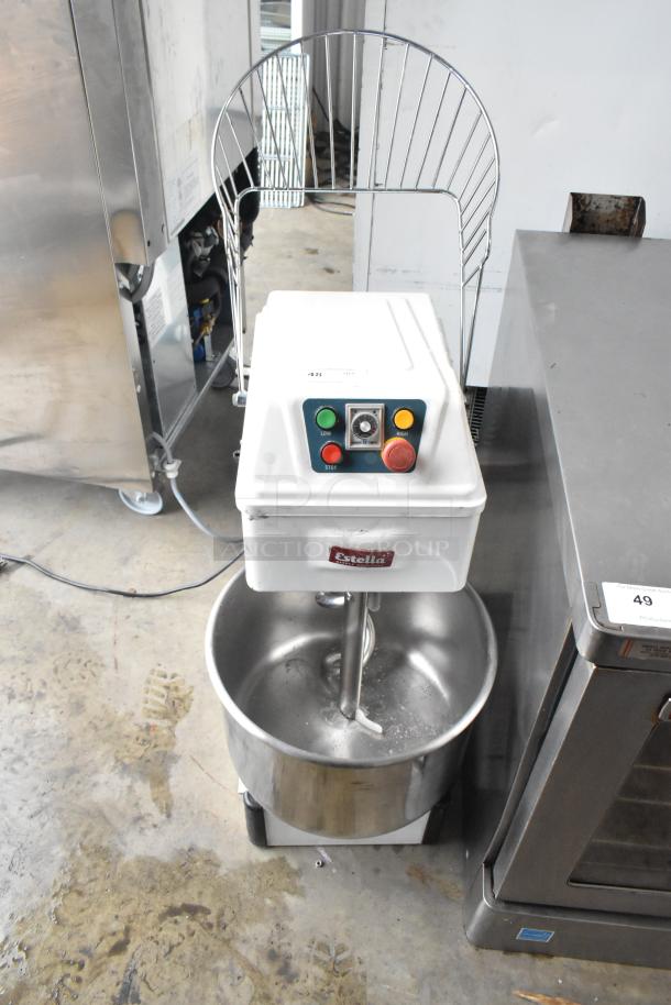 Estella 348SM30 metal 30-quart spiral dough mixer with stainless mixing bowl, bowl guard, and dough hook. 120V, 1 phase.
