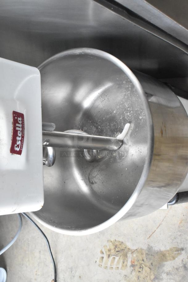 Estella 348SM30 spiral dough mixer with stainless steel bowl, bowl guard, and dough hook. Visible Estella logo, 120V, 1-phase.