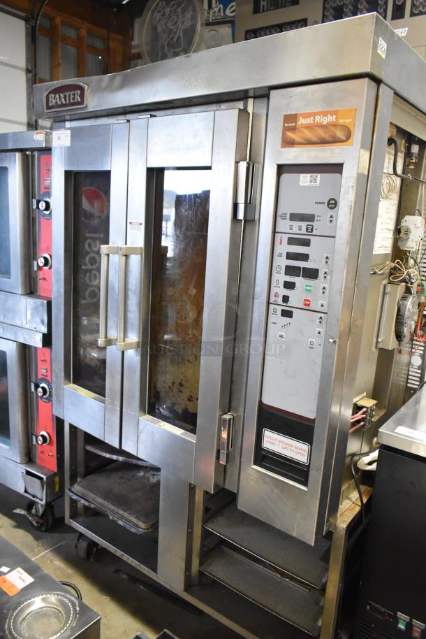 Baxter stainless steel mini rotating rack oven, electric powered, with double pan rack, control panel, good condition.