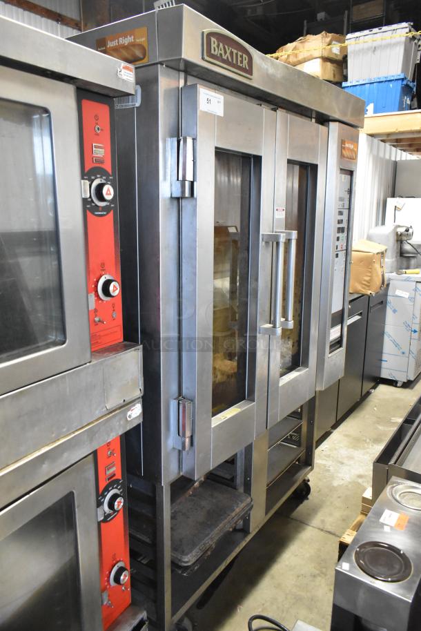 Baxter stainless steel commercial electric mini rotating rack oven on double pan rack, featuring dual glass doors and control panel.
