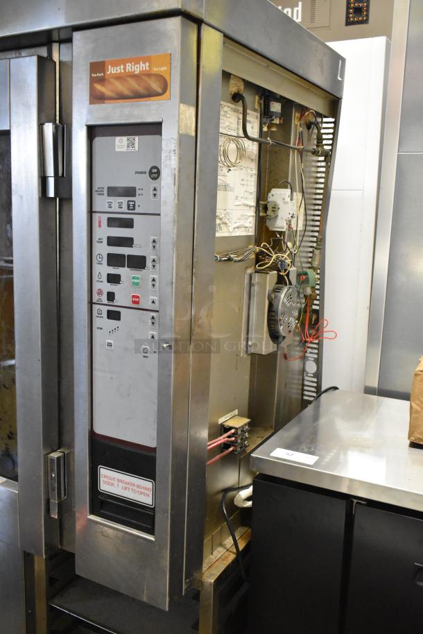 Baxter Stainless Steel Commercial Electric Mini Rotating Rack Oven, visible controls, and interior components, includes double pan rack.