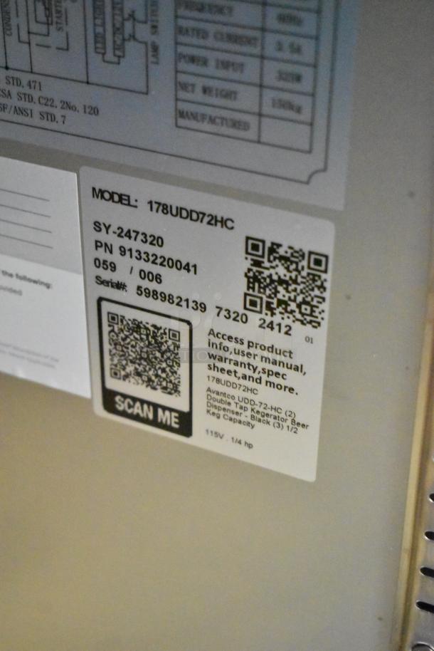 Avantco 178UDD72HC label with QR codes, model info, serial number, and details for a commercial kegerator.
