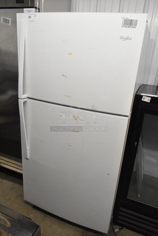 Whirlpool WRT51SZDW05 fridge with top freezer, 115 volts, 1 phase. White, minor exterior marks. Model label visible.