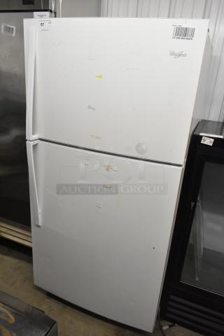 Whirlpool WRT51SZDW05 fridge with top freezer, 115 volts, 1 phase. White, minor exterior marks. Model label visible.