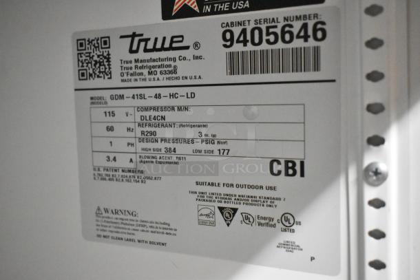 Label of True GDM-41SL-48-HC-LD commercial cooler; details voltage 115, phase 1, refrigerant R290, serial 9405646.