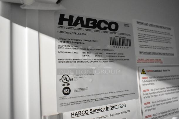 2019 Habco SE18HC commercial cooler label, model SE18HC, 115V, 1 phase, UL, NSF listed, safety and installation instructions.