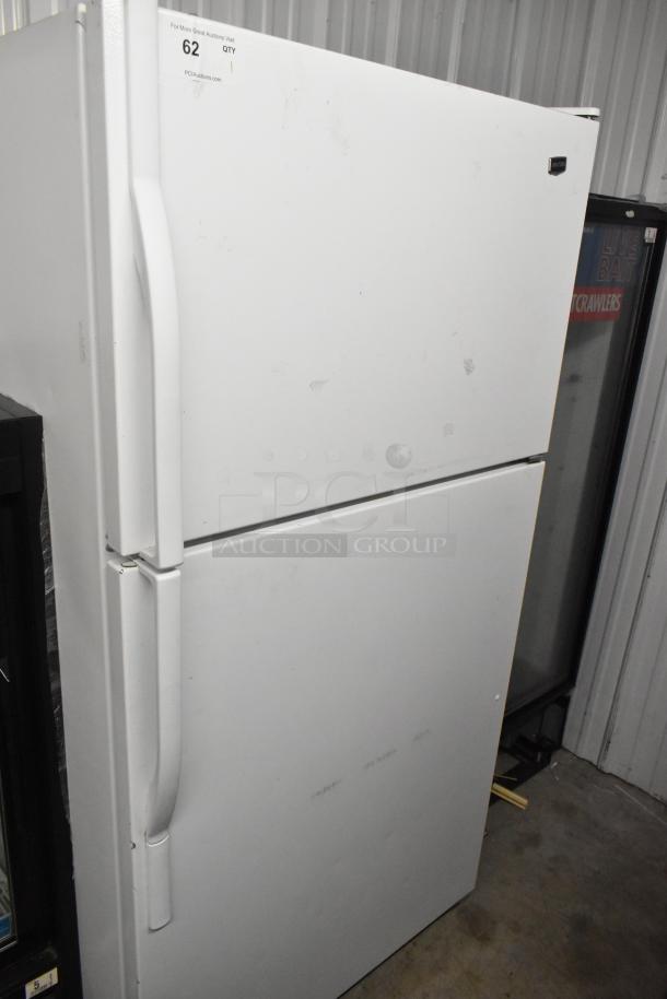 Maytag M1TXEGMYW01 reach-in cooler with freezer, 115 volts, 1 phase. Visible scratches. Auction label shows quantity 1.