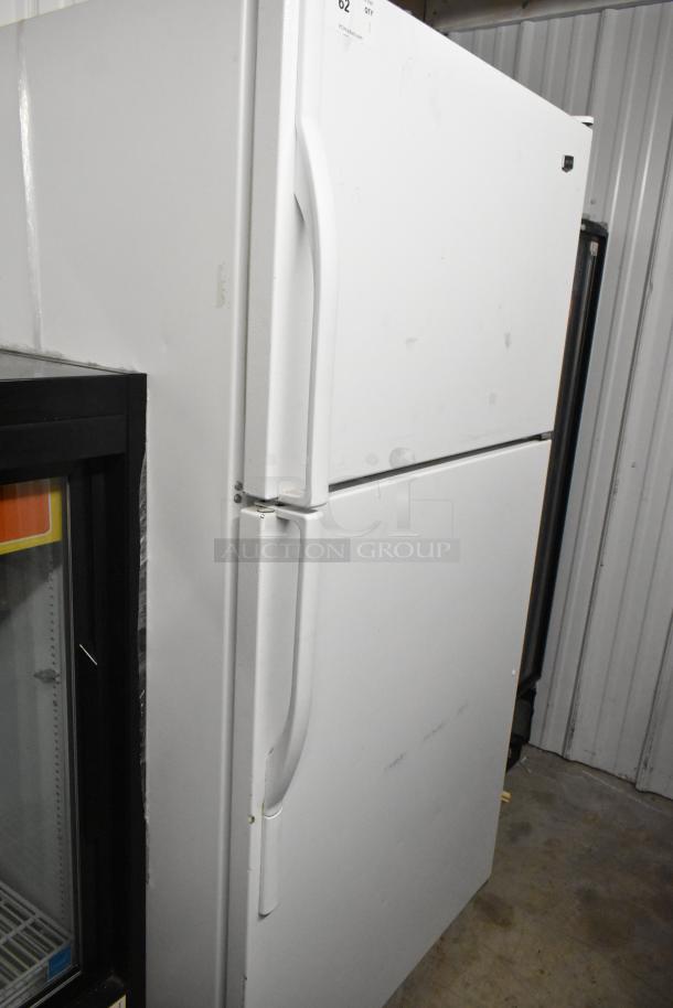 Maytag M1TXEGMYW01 reach-in cooler with freezer, white finish, 115 volts, 1 phase, shows slight wear.