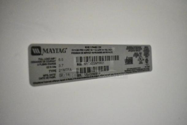 Maytag M1TXEGMYW01 cooler/freezer label showing model, type 21MTFA, serial VS40868619, 115V, 1 phase details.