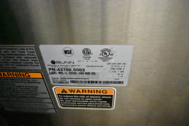2018 Bunn IMIX-5 stainless steel commercial cappuccino machine. Features 120/208-240V, 1 phase. Labels indicate model and serial number.