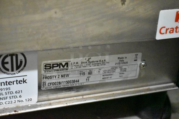 SPM Frosty 2 New stainless steel slushie machine label, 115V, 1 phase, model CFD02B, made in Italy, 2020.