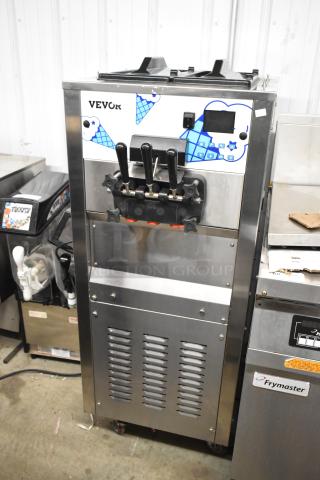 Vevor SS240 Stainless Steel Commercial Floor Style 2 Flavor w/ Twist Soft Serve Ice Cream Machine on Commercial Casters. 220 Volts, 1 Phase. - Item #1214889