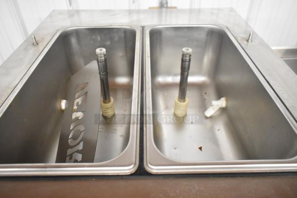 Vevor SS240 stainless steel 2-flavor soft serve ice cream machine, commercial casters, visible internal compartments.