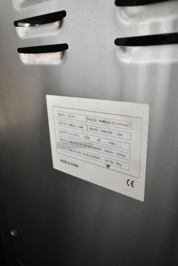 Vevor SS240 Stainless Steel Soft Serve Ice Cream Machine, 2 flavors with twist, on casters, label shows 220V, 1 Phase.