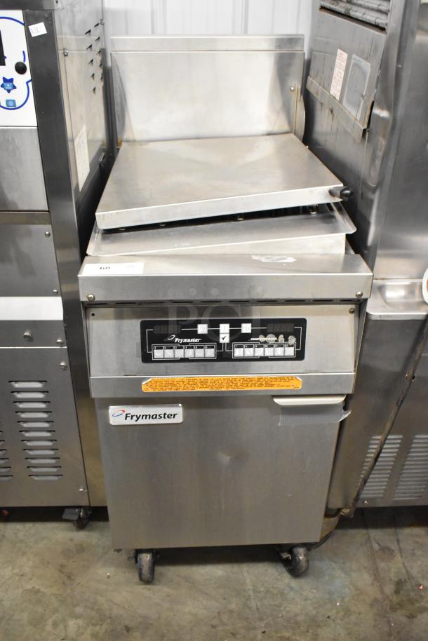 Frymaster FBCR18CSE stainless steel commercial deep fryer, natural gas, 90,000 BTU, on casters, with control panel.