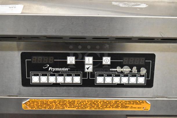 Frymaster FBCR18CSE deep fat fryer, stainless steel, natural gas-powered, on commercial casters, 90,000 BTU, control panel displayed.