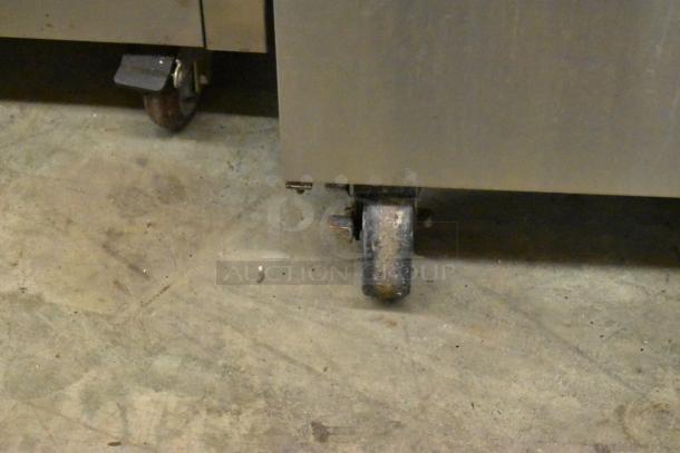 Frymaster FBCR18CSE fryer on commercial casters, 90,000 BTU, stainless steel, natural gas powered, floor style.
