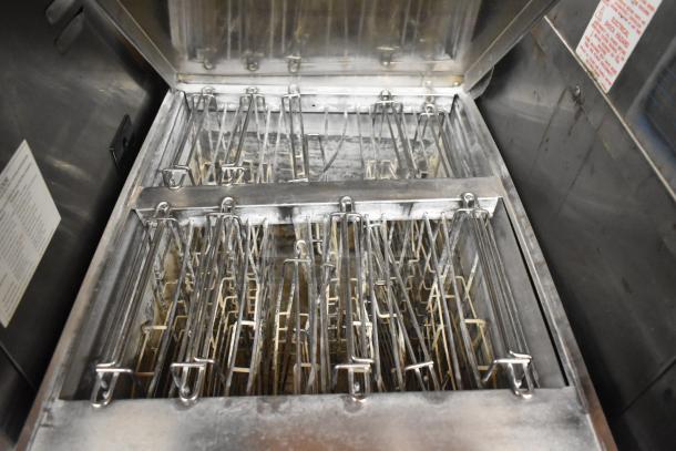 Frymaster FBCR18CSE deep fat fryer, stainless steel, natural gas, 90,000 BTU, commercial casters, interior view, clean condition.