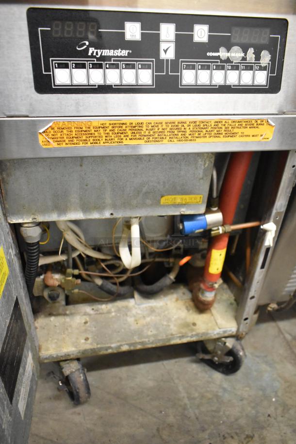Frymaster FBCR18CSE stainless steel commercial natural gas deep fryer on casters, 90,000 BTU, control panel visible.