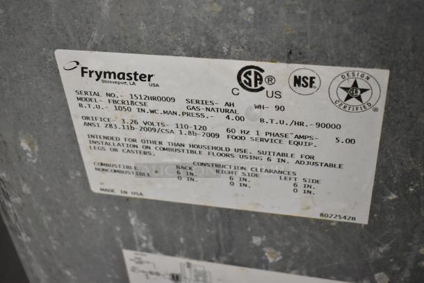 Frymaster FBCR18CSE commercial fryer label, natural gas, 90,000 BTU, stainless steel, on casters, made in USA, model details shown.
