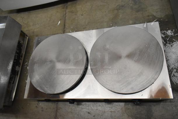 Brand new Carnival King 382CM16DBL stainless steel commercial dual crepe maker. Features 16" plates, 208/240V, 1 phase. Scratch and dent condition.