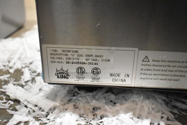 Brand new Carnival King 382CM16DBL 16" dual crepe maker, stainless steel, 208/240V, 3750W, scratch and dent condition.