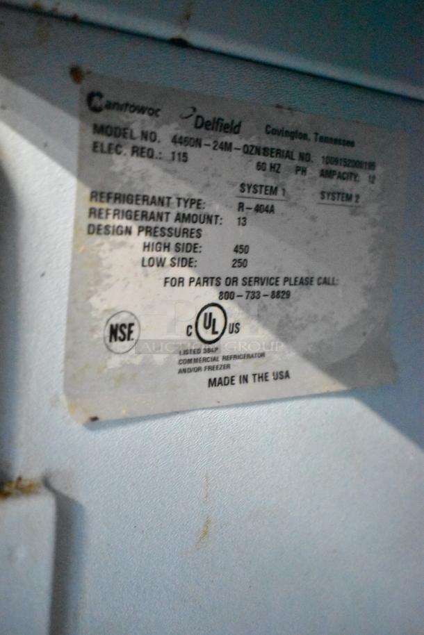 Delfield 4460N-24M-QZN Stainless Steel Prep Table label; shows model, electrical, and refrigerant details.