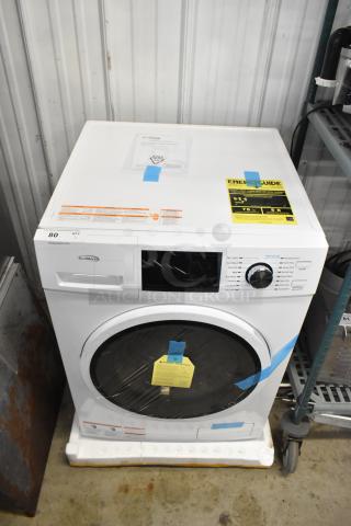 Brand new scratch and dent KoolMore front load washer, white, energy-efficient label, minor surface flaws, model details visible.