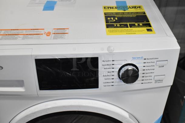 Brand new KoolMore front load washer, scratch and dent condition, multiple wash cycles, energy guide label visible.