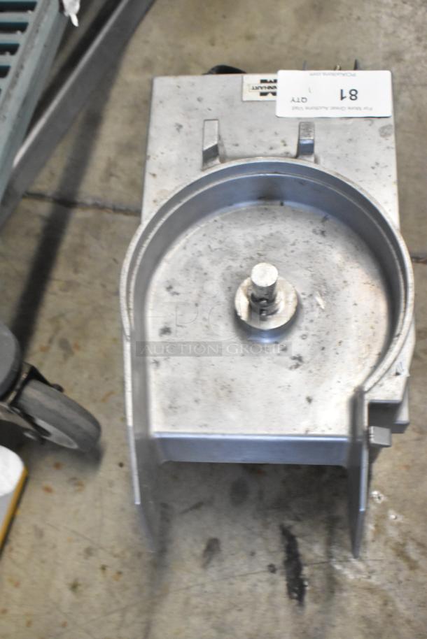 Mannhart W2000 metal countertop food processor base, 115 volts, 1 phase, visible wear, model label and part number shown.