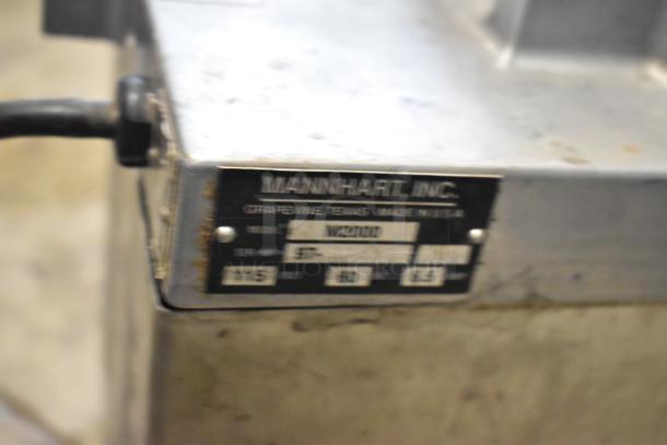 Mannhart W2000 metal countertop food processor base, 115 volts, 1 phase. Manufacturer's label shows model W2000, made in USA.
