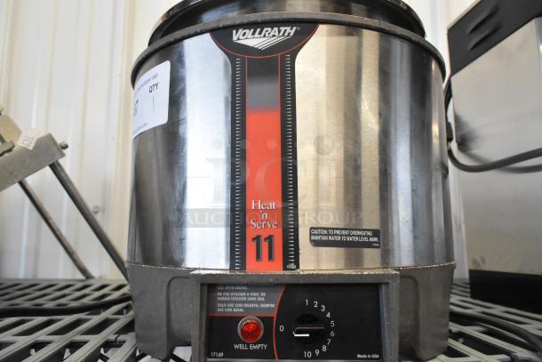 Vollrath HS-11 stainless steel countertop soup warmer, 120 volts, 1 phase. Features controls, caution label.