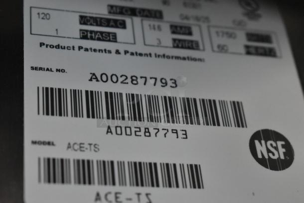 Newco ACE-TS metal countertop coffee machine label showing serial number A00287793. NSF certification mark visible.