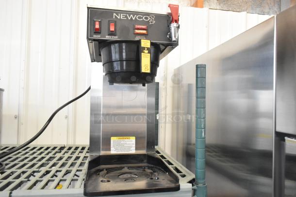 Newco ACE-TS metal countertop coffee machine with poly brew basket, 120V, 1 Phase. Marked with caution and warning labels.
