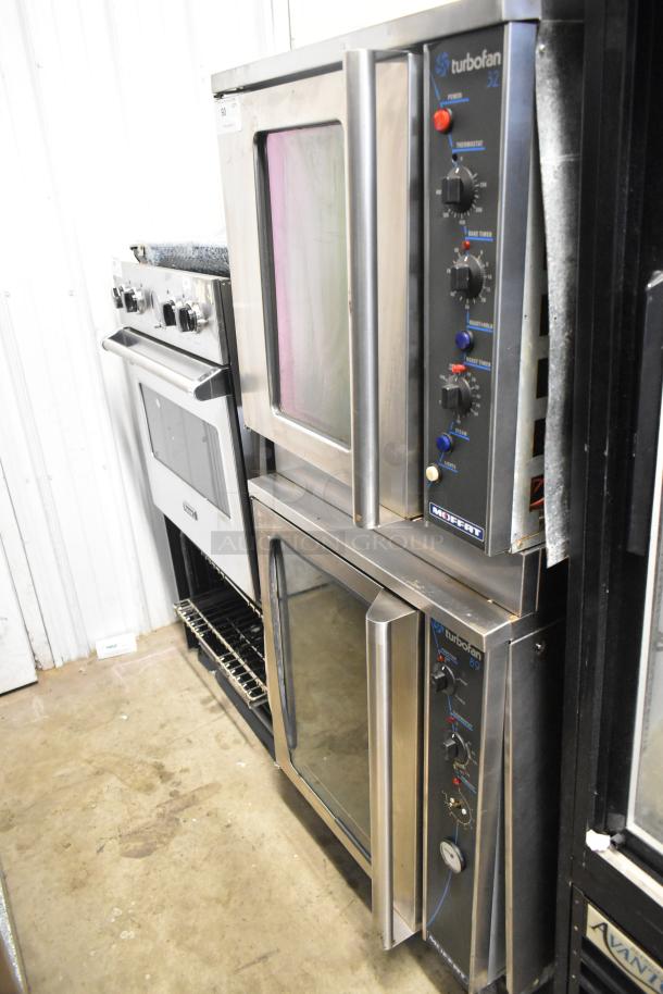 Moffat E89AMS Turbofan Proofer and E32MS Convection Oven, stainless steel, thermostatic controls, on casters.