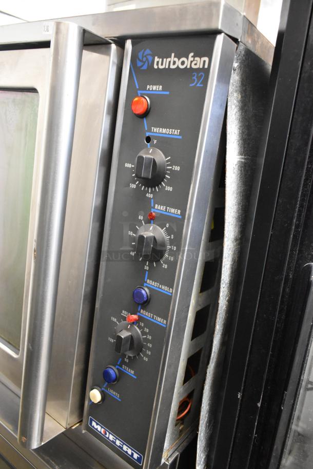 Moffat E32MS Turbofan 89 stainless steel convection oven with view-through doors, thermostatic controls, and commercial casters.