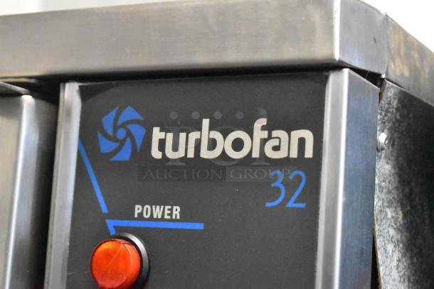 Moffat Turbofan 32 stainless steel commercial equipment panel with power button, featuring logo and model details.