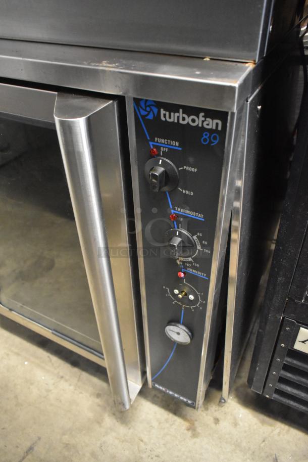 Moffat E89AMS Turbofan stainless steel proofer cabinet with control panel, commercial casters, and view-through doors.