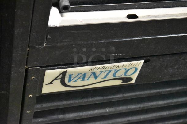 Avantco 178GDS47 commercial cooler, metal body, 2 doors, poly coated racks, 115V, 1 phase, "Avantco" label visible.
