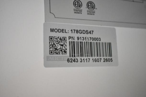 Avantco 178GDS47 model label with barcode and QR code, indicating commercial cooler details and certification.