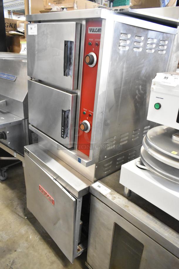 Vulcan VSX24G stainless steel 2-deck steam cabinet, commercial natural gas, 200,000 BTU, featuring red control panel.