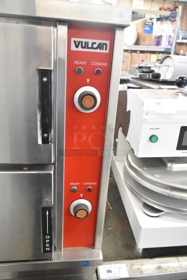 Vulcan VSX24G stainless steel 2 deck steam cabinet, natural gas, 200,000 BTU, control panel with "Ready" and "Cooking" indicators.