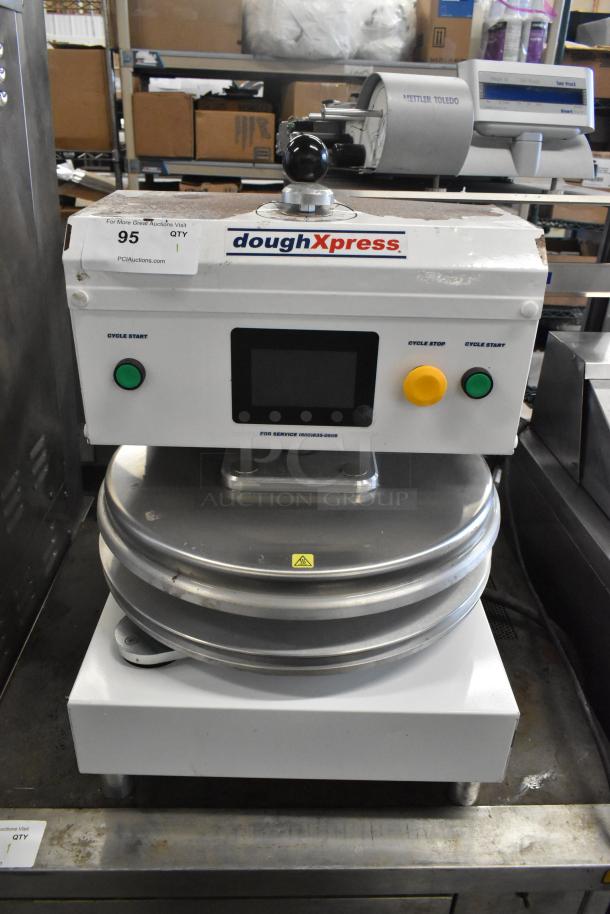 Dough Xpress DXE-W metal commercial countertop dough press, 120 volts, 1 phase. Features cycle start/stop buttons.