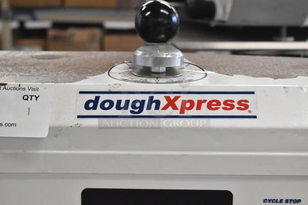 Dough Xpress DXE-W metal commercial countertop dough press, 120 volts, 1 phase, features visible branding and dial.